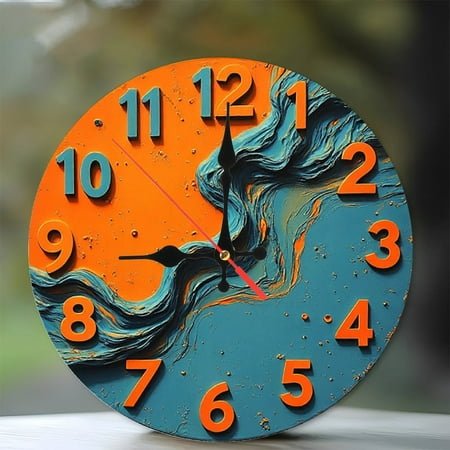 Orange Blue Abstract Wall Clock Modern Home Decor 10-Inch Silent Wooden Wall Clock, Battery Operated (AA Batteries Not Included), Artistic Home Decor
