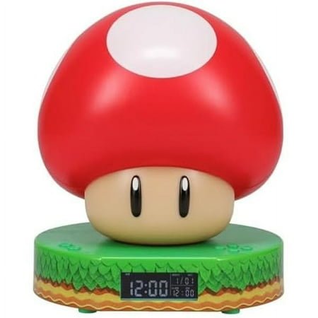 Paladone Super Mario Bros Mushroom Digital Alarm Clock with Power Up Game Sound and Night Light Glow, Licensed Nintendo Lamp for Kids Themed Bedroom and Bedside - 13.7 cm