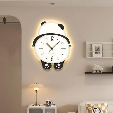 Panda Modern Large Wall Clock Decorative Silent Non Ticking Battery Operated Kids Wall Clock with Pendulum Fun Cute 3D Wall Clock with Light for Living Room Bedroom Farmhouse Office