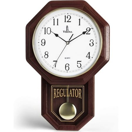 pendulum wall clock - real wood regulator clock - schoolhouse design - quiet, non-chiming, wooden & battery operated - decorative wall decor for living room, home, office 18x11
