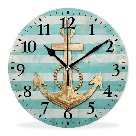 Personalized Wall Clock Non-Ticking Silent Clocks Battery Operated Decor Clocks with Photo for Bathroom-Gold Anchor Dots Stripes Printed Pattern(10inch)
