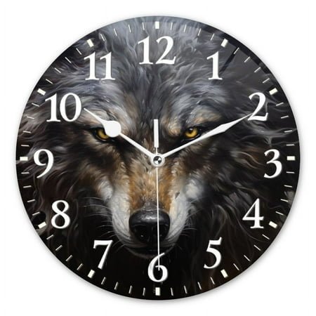 Personalized Wall Clock Non-Ticking Silent Clocks Battery Operated Round Clocks Decorative for Bathroom,Office-Painting Of Angry Wolf With Dark Gray Fur And Yellow Eyes(12inch)