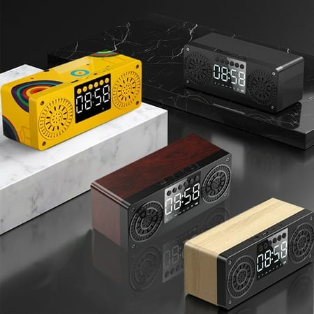 Portable Bluetooth Speaker with Alarm Clock, Digital Display, FM Radio, Card/USB/AUX Playback, 360° Stereo Sound, Bluetooth 5.0, 1200mAh Battery, Multi-Color Options (Red/Yellow/Khaki)
