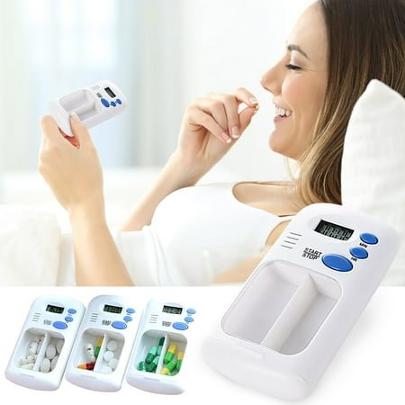 Portable Digital Pill Box Timer with Alarm | Dual Compartments | Countdown Reminder | Pocket Size Travel Medicine Organizer | Easy Setup for Home Office Outdoor | White | 9.5x5.5x2cm