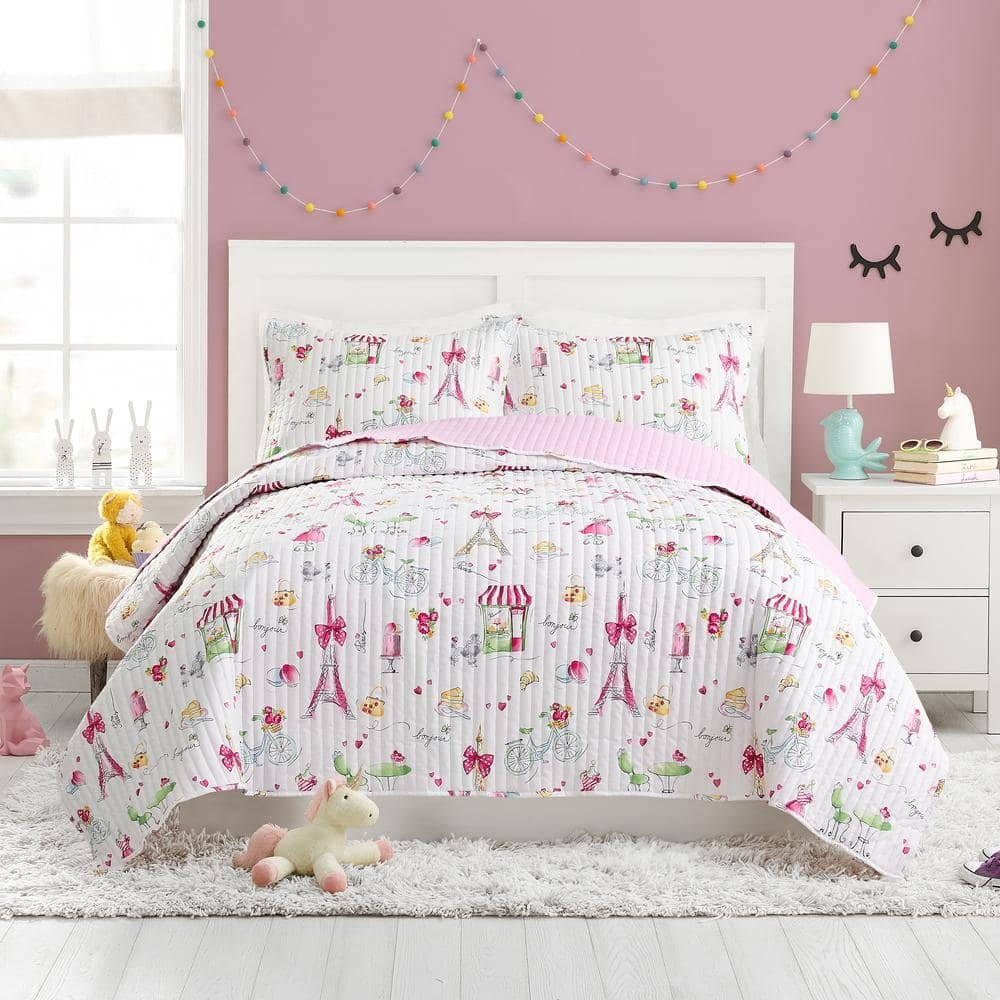 Pretty In Paris 2-Piece Pink Microfiber Twin Quilt Set