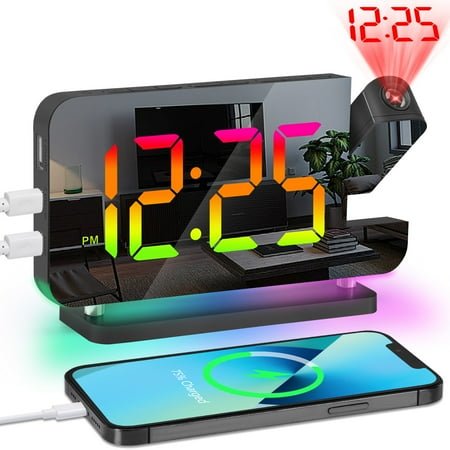 Projection Alarm Clock, 7.4 LED Mirror Digital Clocks Large Display,with 180° Rotatable Projector,RGB Night Light,USB C Port,Auto Dimmer, Loud Desk Clock for Heavy Sleeper Bedroom Ceiling Wall,Black