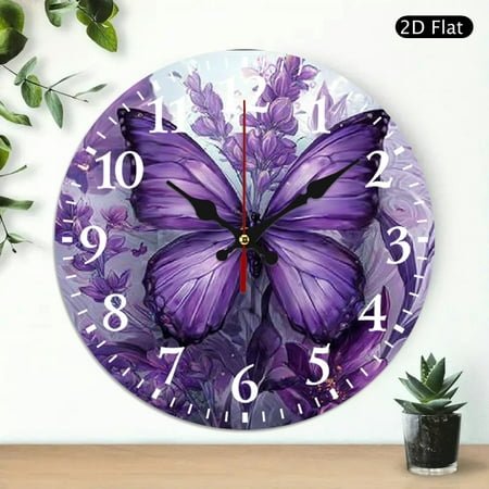 purple butterfly Round Wooden Wall Clock for Home Decor Silent Mechanical Movement, Wall Decor for Linving Room Perfect for Living Room, Dorm, Bedroom, Kitchen, Home Office & More, Wall Clock Living R