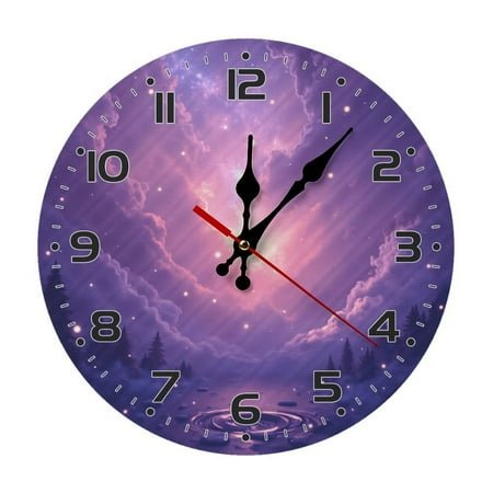 Purple Galaxy Wall Clock 10 Inch Silent Non Ticking Round Wooden Clock Decoration for Living Room Kitchen Bedroom Bathroom Office Classroom