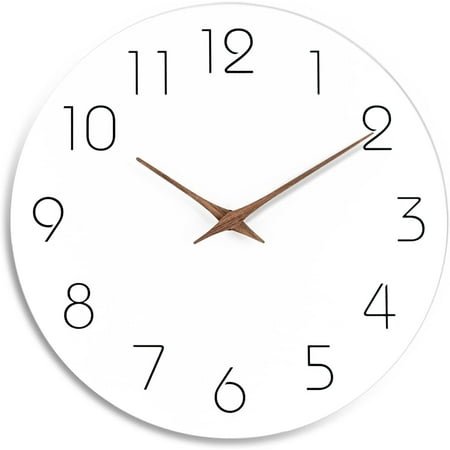 QKURT 10inch Wall Clock, Silent Non Ticking Wood Battery Operated Wooden White Modern Office Simple Minimalist Decorative for Kitchen Home Bathroom Living Room, White
