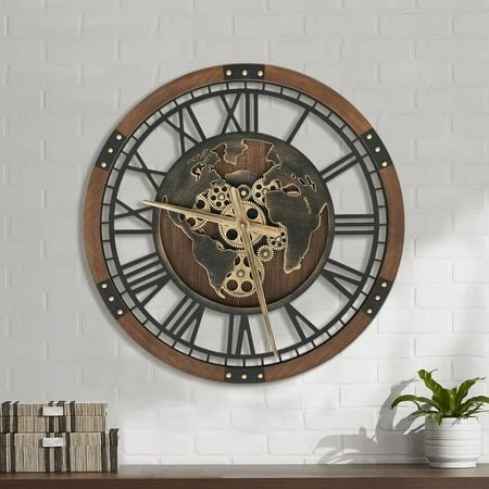 **real moving gears clock: 24 in large brown wall clock with world map - vintage wood frame non-ticking battery operated silent mechanical clock for home decor/office/living room/bedroom