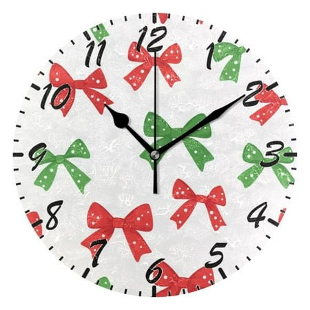 Red and Green Bows Wall Clock 10 Inch Battery Operated Clocks Living Room Decor, Silent Non-Ticking for Living Room Home Kitchen office