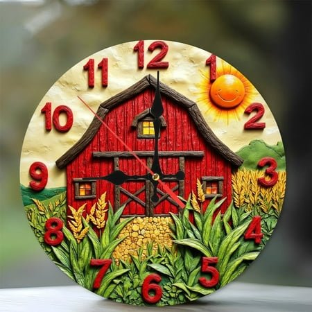 Red Barn Farmhouse Wall Clock Rustic Country Decor 10-Inch Silent Wooden Wall Clock, Battery Operated (AA Batteries Not Included), Artistic Home Decor