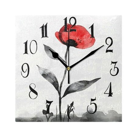 Red Flower Black Leaves Wall Clock Decorative Square Silent Non-Ticking Operated Clocks Aesthetic for Bedroom Living Room