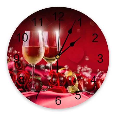 Red Rose Flower Wine Gift Round Wall Clock Acrylic Hanging Silent Time Clock Home Interior Bedroom Living Room Office Decoration