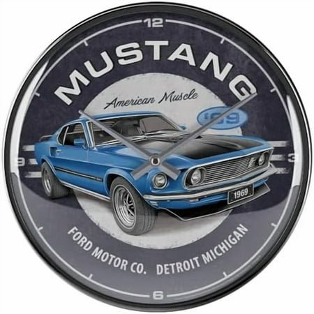 Retro Wall Clock, Ø 12.2, Ford Mustang – 1969 Mach 1 Blue – Gift idea for Ford Fans, Official License Product (OLP), Large kitchenclock, Vintage Design