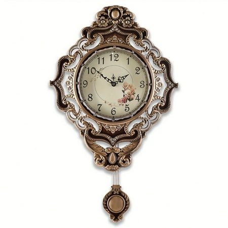 Retro Wall Clock With Pendulum, European Victoria Mid Century Style, Battery Operated Large Metal Silent Clock For Living Bedroom Wall Vintage Decor - Brown