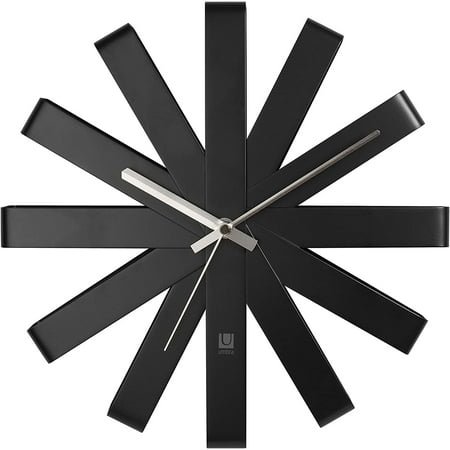 **ribbon modern 12-inch wall clock, battery operated quartz movement, silent non ticking wall clocks, black