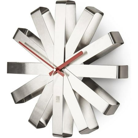 **ribbon modern 12-inch wall clock, battery operated quartz movement, silent non ticking wall clock, stainless steel