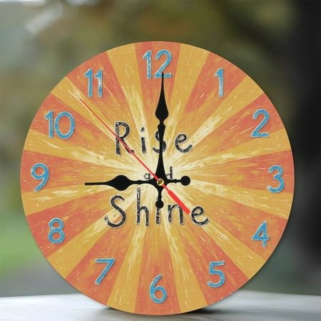 Rise And Shine Wall Clock Sunburst Orange Yellow Decor 10-Inch Silent Wooden Wall Clock, Battery Operated (AA Batteries Not Included), Artistic Home Decor