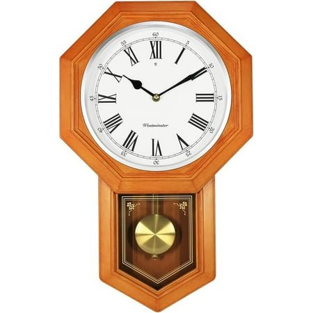 RJTZ 66236A Plastic Pendulum Clock Wood Grain Color.Sturdy Frame.Westminster Chime Every Hour,Elegant,Traditional Schoolhouse,Home,Office,Living Room,Bedroom.