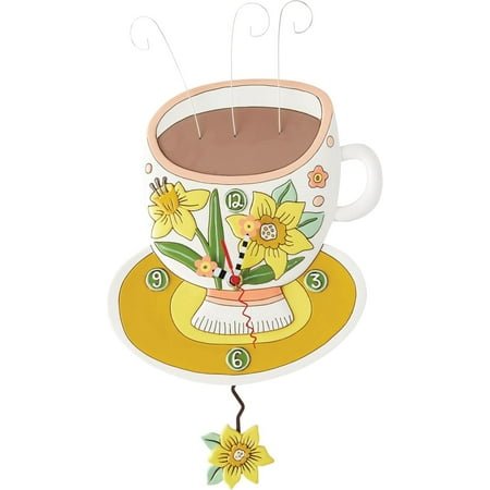 RJTZ Allen Designs Flower Coffee Cup of Joy Wall Clock - Battery Operated Pendulum Analog Clock, Stone Resin Decorative Clocks for Walls Home Decor Kitchen Clocks, 13 Inch
