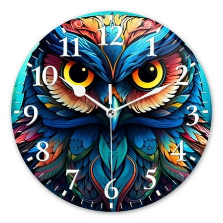 Round Analog Wall Clocks Battery Operated Modern Clock Non-Ticking Silent Clocks Decorative for Home,Office-Owl With Vibrant Colors Featuring Intricate Patterns And Details(12inch)