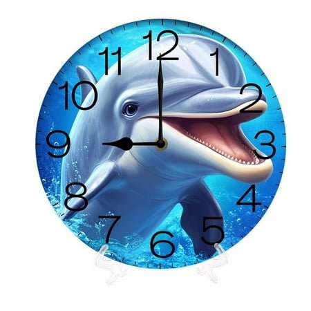 Round Wall Clock Dolphin Modern Home Decorative Blue Ocean Beautiful Sea Kitchen Decor 10 Inches Battery Operated Silent Non-Ticking Quartz Analog Clock for Office,Bedroom,Living Room