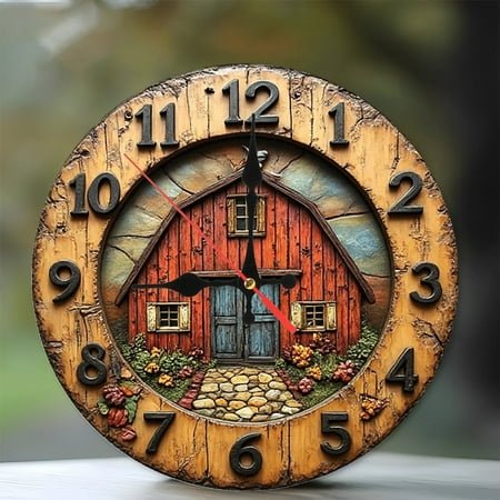 Rustic Barn Wooden Wall Clock Farmhouse Decor 10-Inch Silent Wooden Wall Clock, Battery Operated (AA Batteries Not Included), Artistic Home Decor