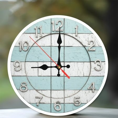 Rustic Farmhouse Style Wall Clock Distressed White Blue Wood Grain 10-Inch Silent Wooden Wall Clock, Battery Operated (AA Batteries Not Included), Artistic Home Decor