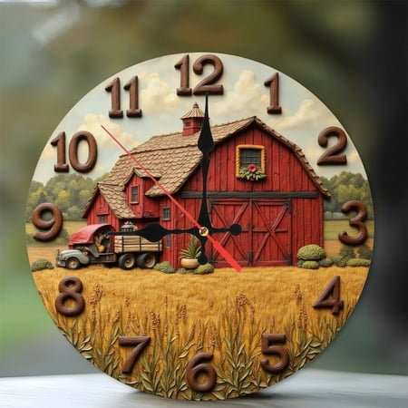 Rustic Red Barn Farm Wall Clock Decorative Clock 10-Inch Silent Wooden Wall Clock, Battery Operated (AA Batteries Not Included), Artistic Home Decor