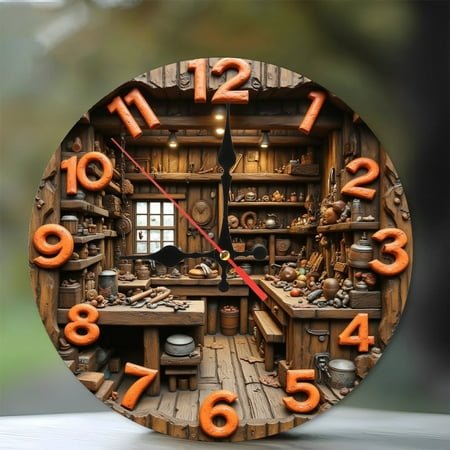 Rustic Workshop Clock Wall Decor Vintage Cottage Style 10-Inch Silent Wooden Wall Clock, Battery Operated (AA Batteries Not Included), Artistic Home Decor