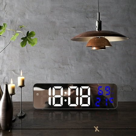 Rwvbm Large LED Digital Wall Clock with Temperature & Date Display 12 24H Format Auto-Dimming Night Mode Wall-Mounted or Tabletop USB Battery Powered (AAA Not Included)