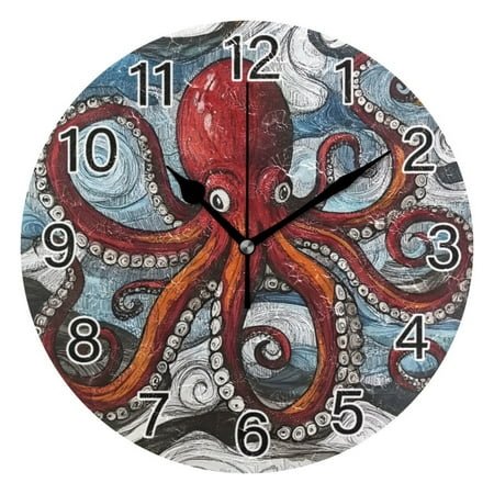 Ryvnso Art Red Octopus Wall Clock Non Ticking Silent Kitchen Clock Battery Operated Clocks 10 inch