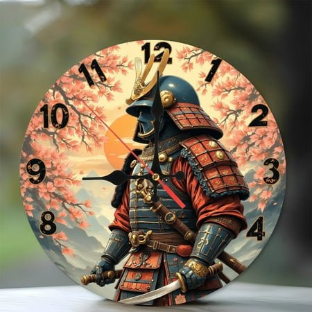 Samurai Clock Wall Art Japanese Decor 10-Inch Silent Wooden Wall Clock, Battery Operated (AA Batteries Not Included), Artistic Home Decor