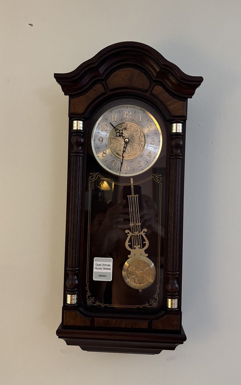 Seiko Stately Dark Brown Solid Oak Case Wall Clock with Pendulum and Chime NWT