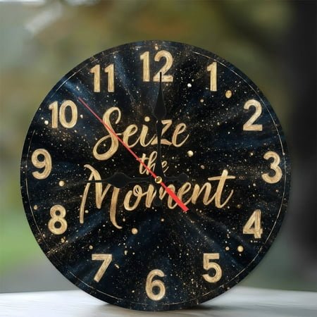 Seize The Moment Gold Glitter Wall Clock Home Decor 10-Inch Silent Wooden Wall Clock, Battery Operated (AA Batteries Not Included), Artistic Home Decor