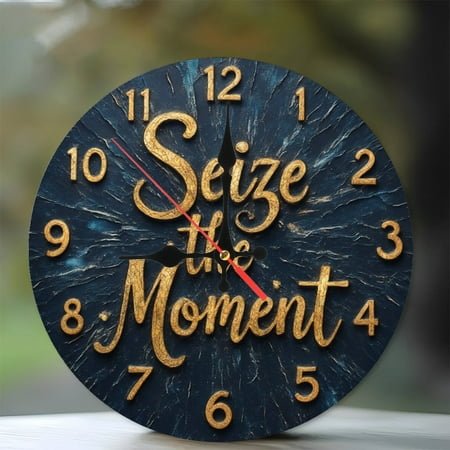 Seize The Moment Wall Clock Unique Decor Gold Textured 10-Inch Silent Wooden Wall Clock, Battery Operated (AA Batteries Not Included), Artistic Home Decor