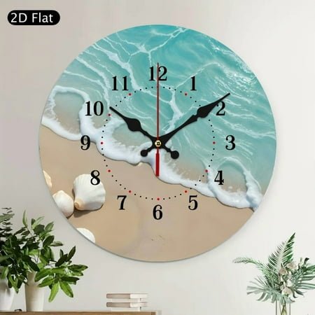 Shell Coast Scenery Wall Clock Silent Non Ticking Wall Clocks Battery Operated Round Wall Decor for Bathroom Kitchen Bedroom 10 in