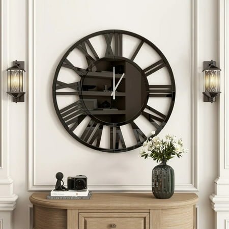 SHYFOY Round Black Glass Wall Clock - 24 Modern Large Clocks Wall Decor for Living Room Office Bedroom Fireplace