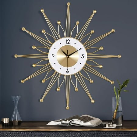 Silent 23 Inch Metal Large Gold Wall Clock Modern, Mid Century Wall Clocks Battery Operated, Art Deco Starburst Wall Clocks for Living Room Kitchen Office