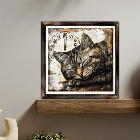 Sleeping Cat Clock Artwork Wooden Sign Wall Plaque - Vintage Art Decoration, Wall Decoration - Ideal Gift For Home Decoration, Living Room, Bathroom, Bedroom, Garden, Dining, Bar, Cafe, Festival Pa