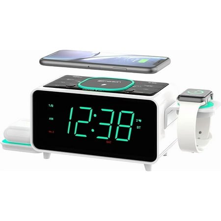**smartset dual alarm clock fm radio with wireless charging, bluetooth speaker, ultra fast charging for airpods/iphone, foldable stand, usb charger, adjustable led glow, er100501