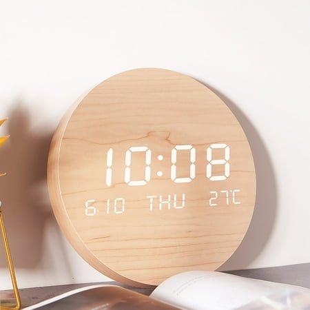 Solid Wooden LED Digital Wall Clocks Table Clock Temperature Date Time Display Alarm Clock Mute Clock Hanging Clock Desk Clock (EC-W085 Wood Grain,7.5Inch)