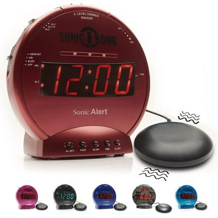 Sonic Bomb Dual Alarm Clock with Bed Shaker, Red Vibrating Alarm Clock Heavy Sleepers, Battery Backup | Wake with a Shake