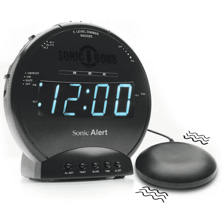 Sonic Bomb Dual Extra Loud Alarm Clock with Bed Shaker, Black & Blue | Sonic Alert Vibrating, Heavy Sleepers, Battery Backup | Wake with a Shake