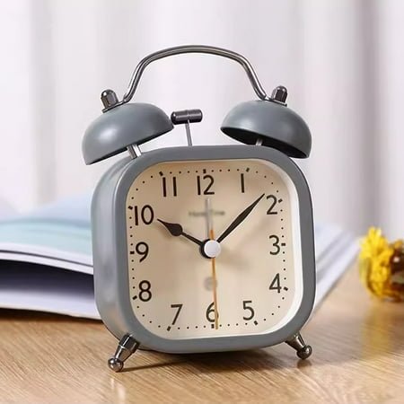 Square Vintage Loud Twin Bell Alarm Clock for Heavy Sleepers, Non-Ticking Silent, Night Backlight, Battery Operated