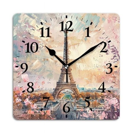 Square Wall Clock,The Eiffel Tower In Paris And SurSquareed By Blooming Cherry Blossoms,Silent Non-Ticking Wall Clock Decor for Home Office Kitchen Living Room Bedroom(10inch)
