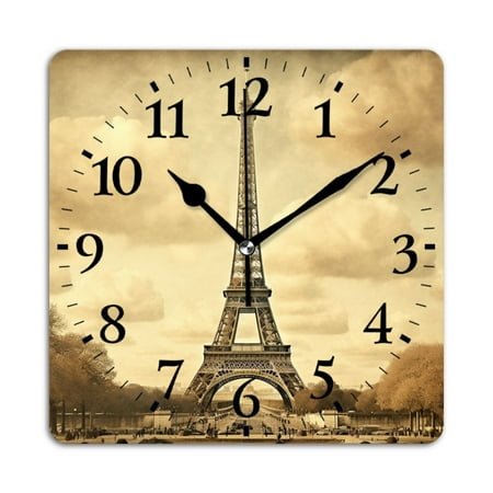 Square Wall Clock,Vintage-Style Featuring The Eiffel Tower In Paris,Silent Non-Ticking Wall Clock Decor for Home Office Kitchen Living Room Bedroom(12inch)