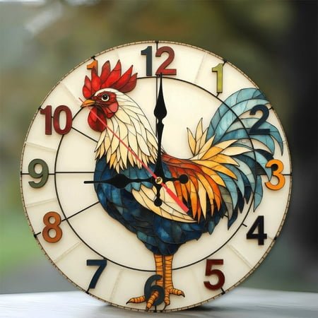 Stained Glass Rooster Wall Clock Home Decor 10-Inch Silent Wooden Wall Clock, Battery Operated (AA Batteries Not Included), Artistic Home Decor