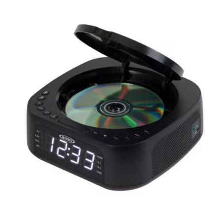 Stereo Dual Alarm Clock with Top Loading CD/MP3 CD Player - Black: Digital Table Clock, FM Radio, USB Charging